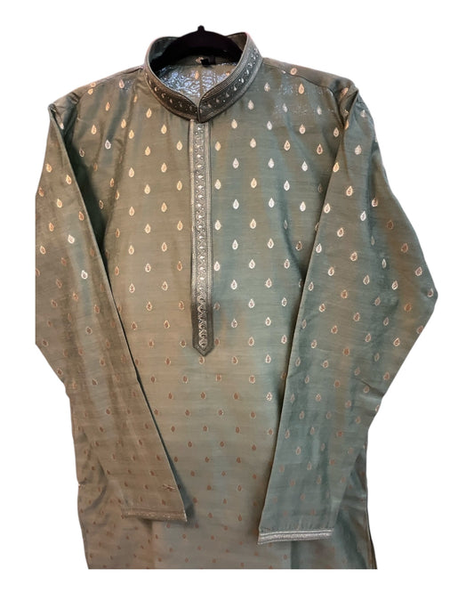 Pista Green - Banarasi Handloom Mens Indian Kurta set - UK Stock - Weddings / Walimas , Sangeet, Diwali, Eid, Mehndi / Henna - VEE2562 VR - Prachy Creations