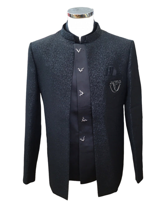 PREMIUM Slim Fit Mens Black BandhGala / Prince / Chinese Collar Open Jacket with inside Waistcoat- Fantastic Fit - CS2408 JC 0524 - Prachy Creations