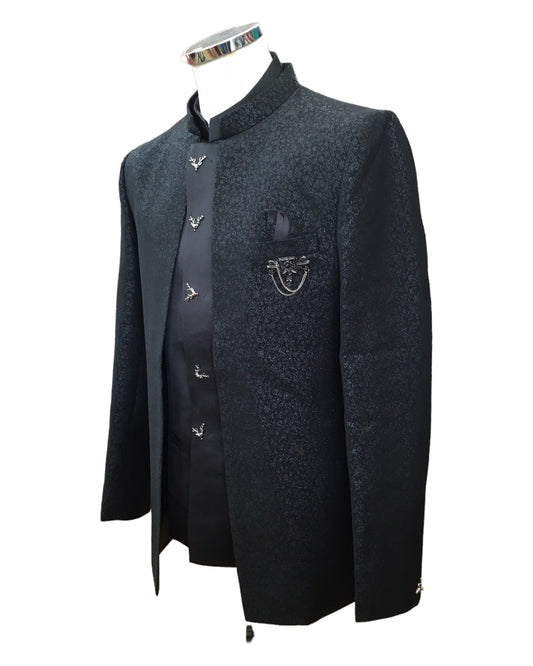 PREMIUM Slim Fit Mens Black BandhGala / Prince / Chinese Collar Open Jacket with inside Waistcoat- Fantastic Fit - CS2408 JC 0524 - Prachy Creations