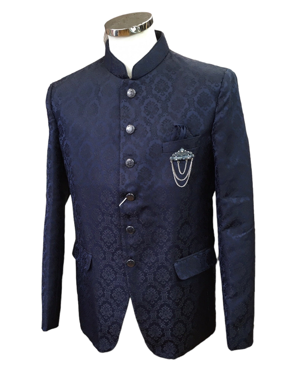 PREMIUM Slim Fit Mens Navy Blue Self Brocade BandhGala / Prince / Chinese Collar Jacket - Fantastic Fit - CS2411 TP 0524 - Prachy Creations