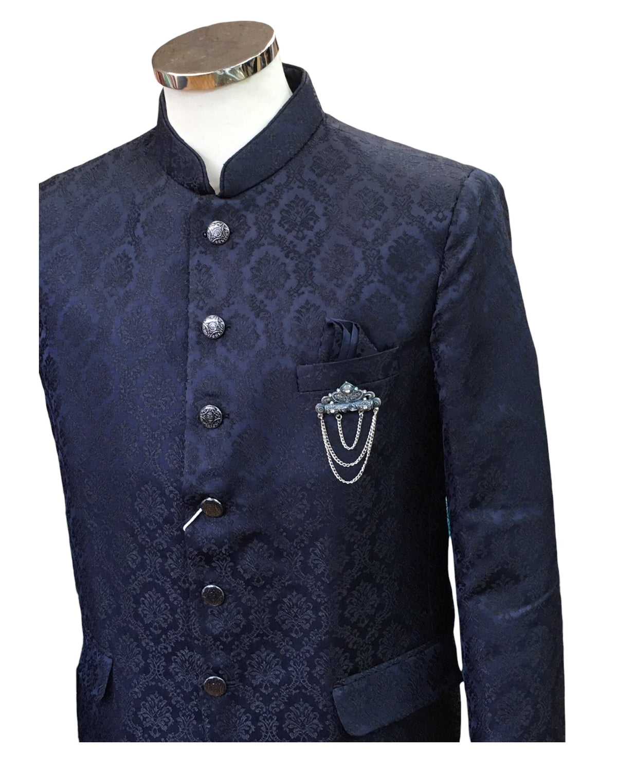 PREMIUM Slim Fit Mens Navy Blue Self Brocade BandhGala / Prince / Chinese Collar Jacket - Fantastic Fit - CS2411 TP 0524 - Prachy Creations
