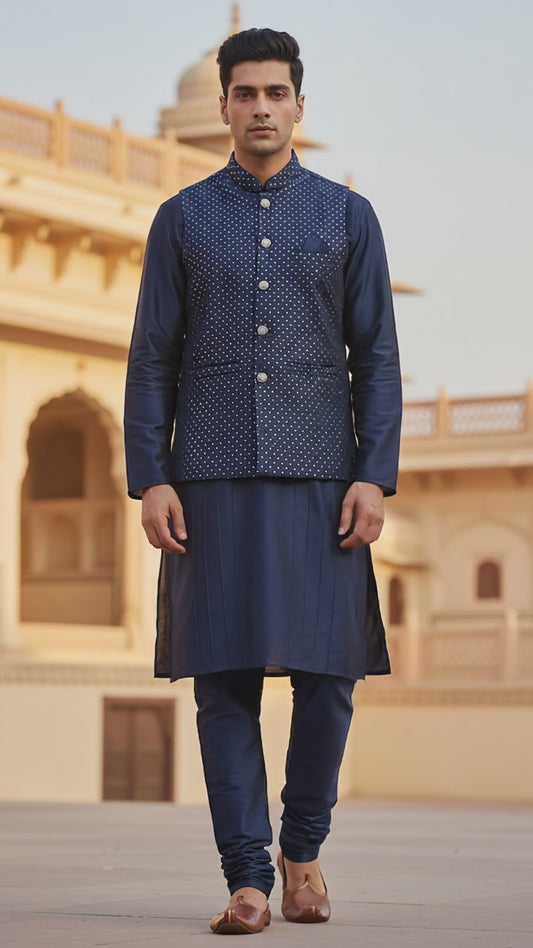 Navy Blue - Sequins All Over Embroidered - Mens Indian Waistcoat - UK Stock - 24 hr Dispatch - KCS4785 03KR26