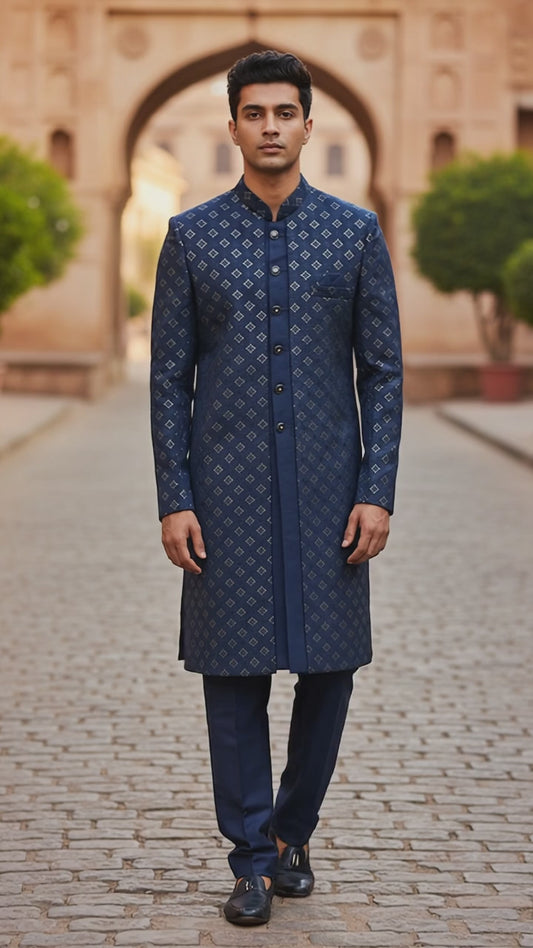 Blue - Mens Knee Length  Jacket with Long Waistcoat - Sherwani / Indo-Western - Fantastic Fit - KCS6625 03TT26