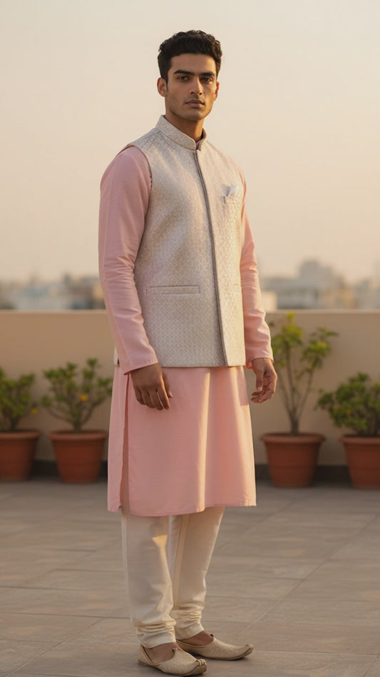 Baby Pink - Premium Self All Over Embroidered - Mens Indian Waistcoat - UK Stock - 24 hr Dispatch - KCS4787 03KR26
