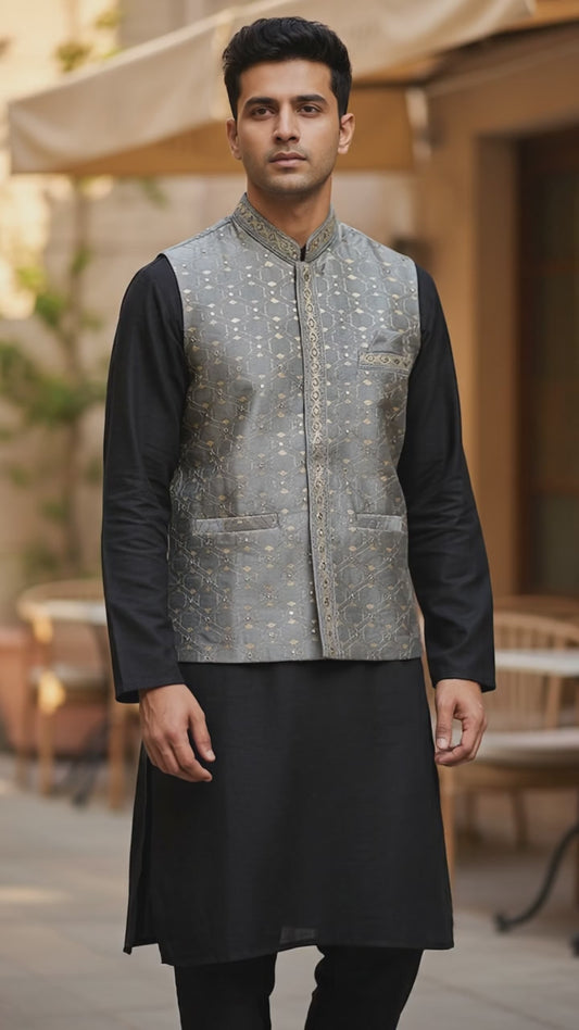 Silver / Light Grey - Mirror Work All Over Embroidered - Mens Indian Waistcoat - UK Stock - 24 hr Dispatch - KCS4782 03KP26