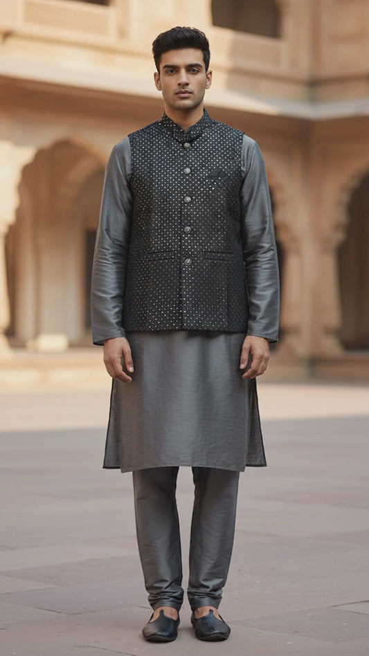 Black - Sequins All Over Embroidered - Mens Indian Waistcoat - UK Stock - 24 hr Dispatch - KCS4785 03KR26