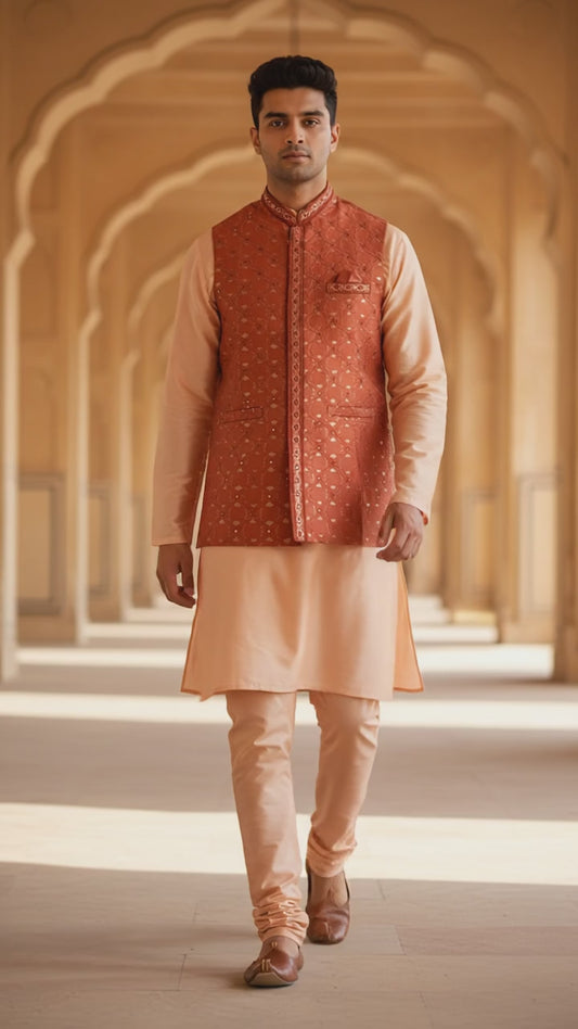 Orange - Mirror Work All Over Embroidered - Mens Indian Waistcoat - UK Stock - 24 hr Dispatch - KCS4782 03KP26