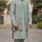 Light Grey / Silver - Mens Fully Embroidered Long Waistcoat with Rich Kurta set - KCS4853 03TH26