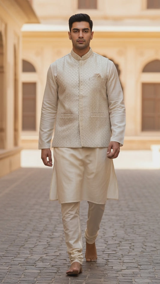 Champagne - Premium Self All Over Embroidered - Mens Indian Waistcoat - UK Stock - 24 hr Dispatch - KCS4787 03KR26