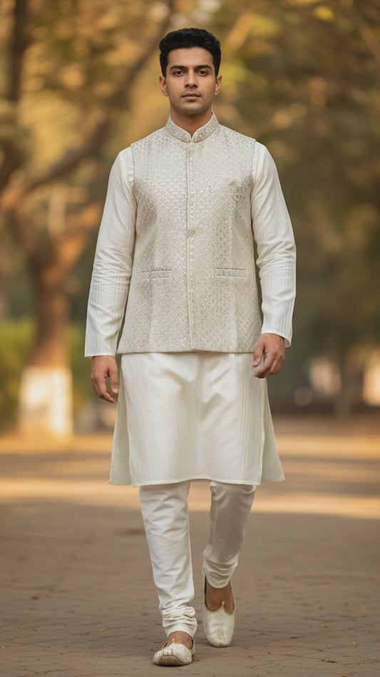 Cream / Off White - Premium Self All Over Embroidered - Mens Indian Waistcoat - UK Stock - 24 hr Dispatch - KCS4787 03KR26 (Copy)