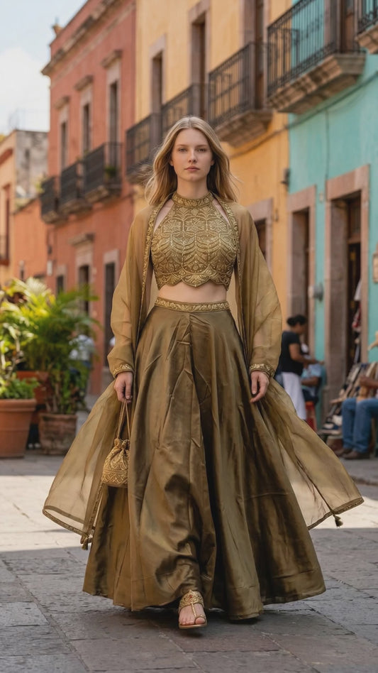 UK 10 / 36" - Copper Bronze - Designer Ladies Indian Halter Neck Short Top Palazzo Trousers Suit - UK Stock - 2/3 days delivery - VMK ROSHNI AV