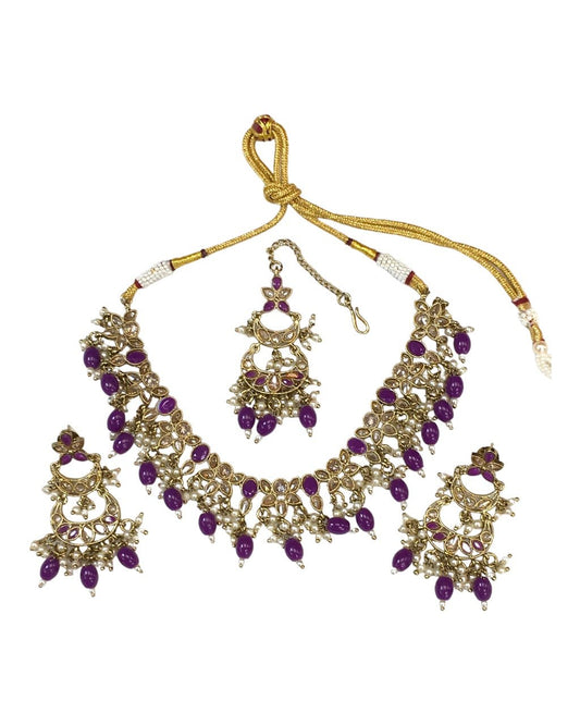 Purple - Antique Gold Finish Choker Necklace set - Bollywood - Weddings - HB960 KY 0523 - Prachy Creations