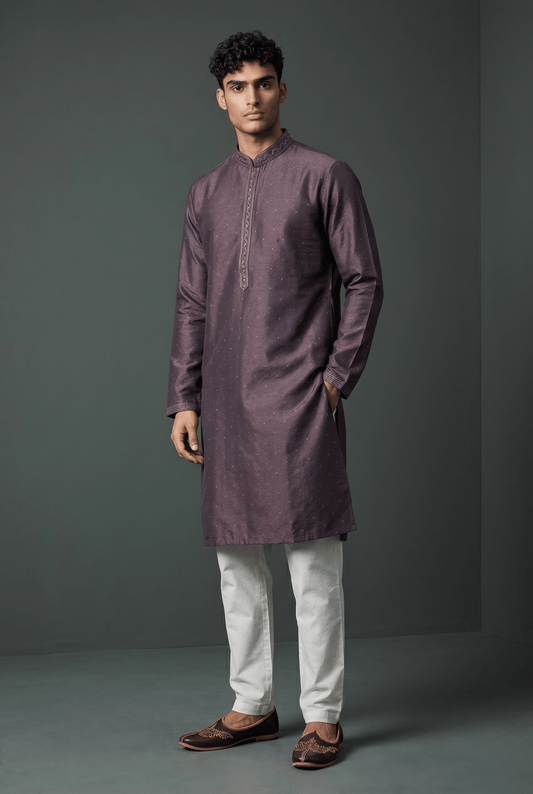 Purple - Banarasi Handloom Brocade Mens Indian Kurta set with Trousers - UK Stock - Weddings / Walimas , Sangeet, Diwali, Eid, Mehndi / Henna - VEE2455 VR - Prachy Creations