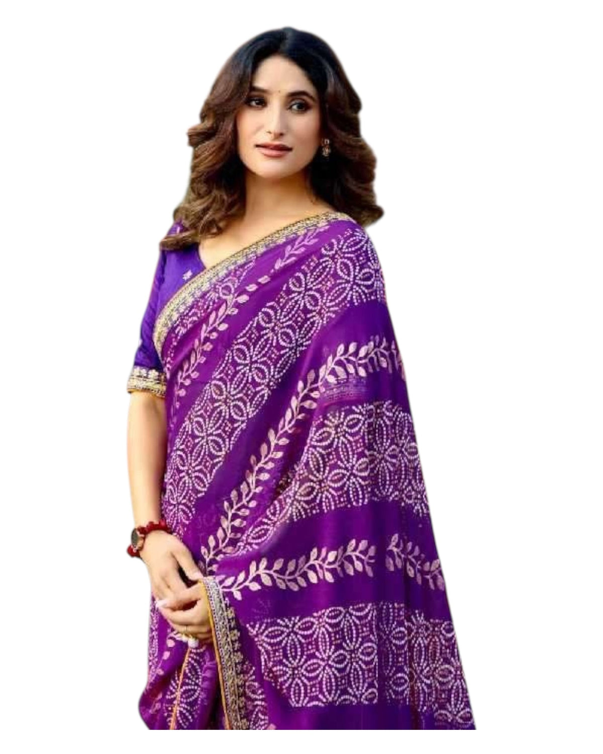 Purple - Bandhani Printed - Chiffon Saree with Blouse Piece - KAS-Chuneri 301 10KV25 - Prachy Creations