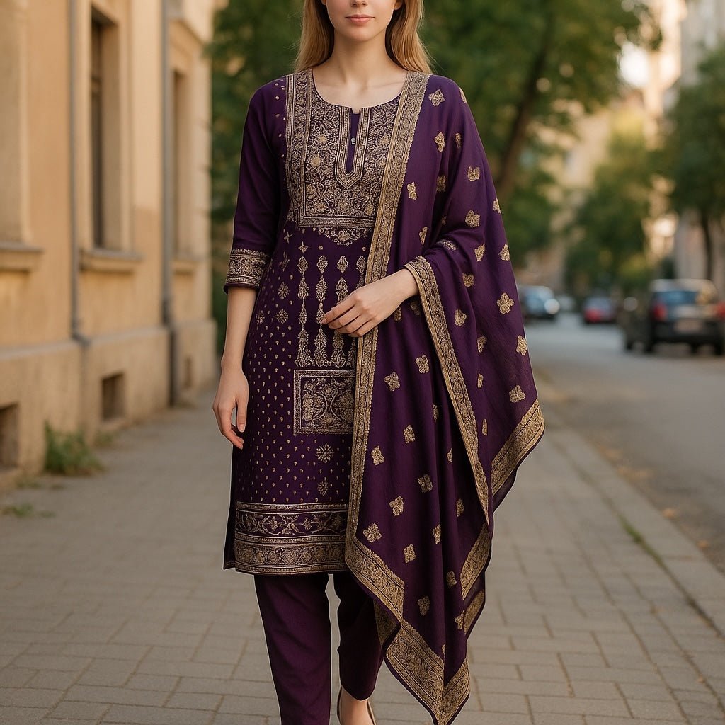 Purple - Ladies Indian Trousers Suit with Printed Dupatta - Size 12 (38") - KCS250194 VA - Prachy Creations