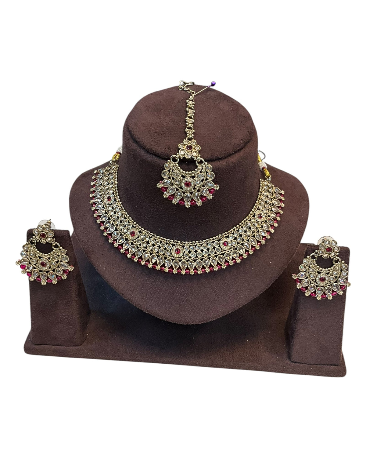 Purple - Large Size Antique Gold Finish Necklace Set with Earrings - SJ01 KVp - Prachy Creations