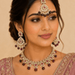 Purple - Large Size Antique Gold Finish Necklace Set with Earrings & Tika (Head Piece) - UK Stock - JIG86 08C25 - Prachy Creations