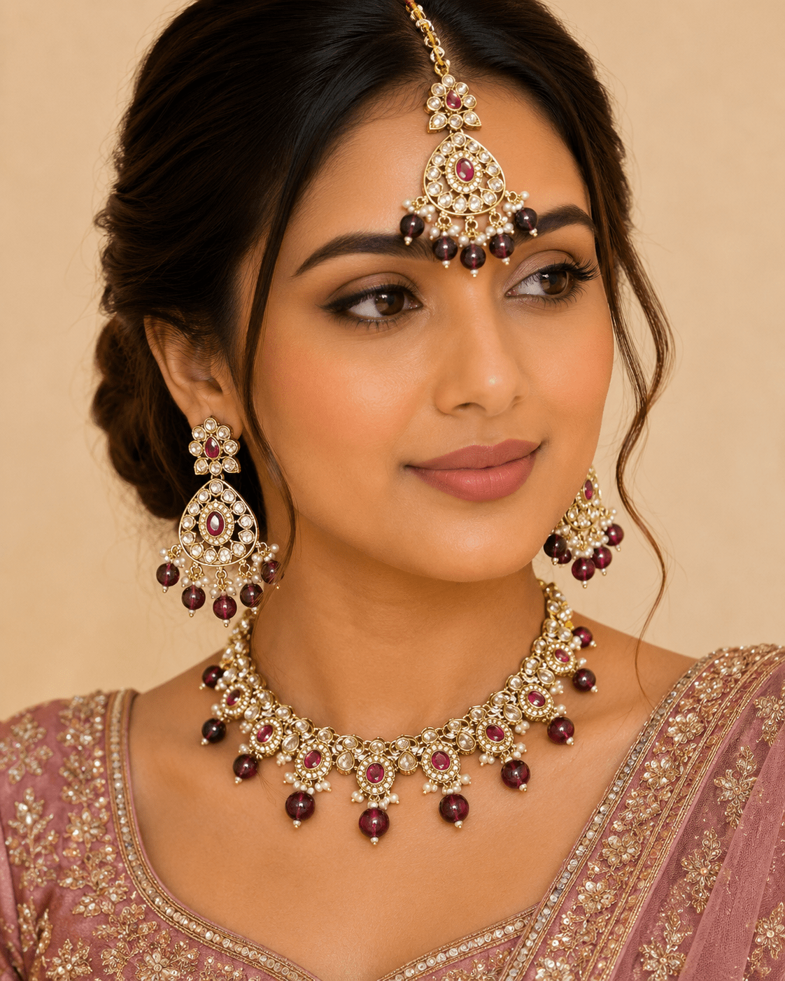 Purple - Large Size Antique Gold Finish Necklace Set with Earrings & Tika (Head Piece) - UK Stock - JIG86 08C25 - Prachy Creations
