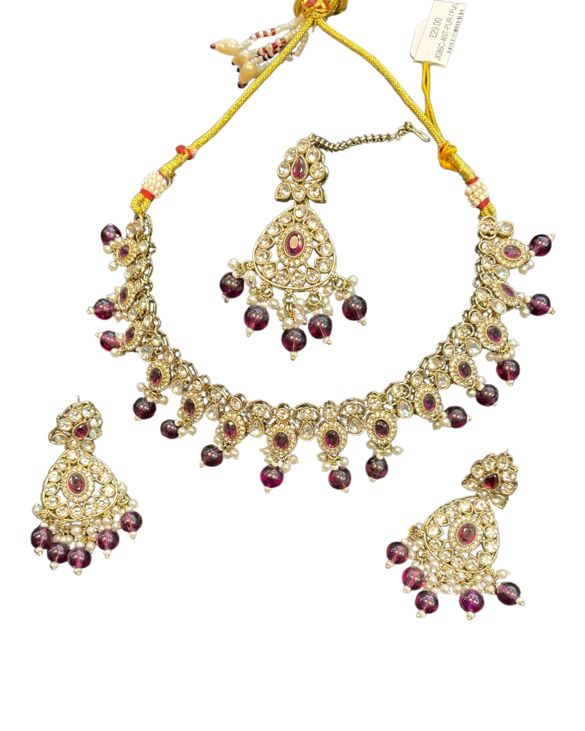Purple - Large Size Antique Gold Finish Necklace Set with Earrings & Tika (Head Piece) - UK Stock - JIG86 08C25 - Prachy Creations