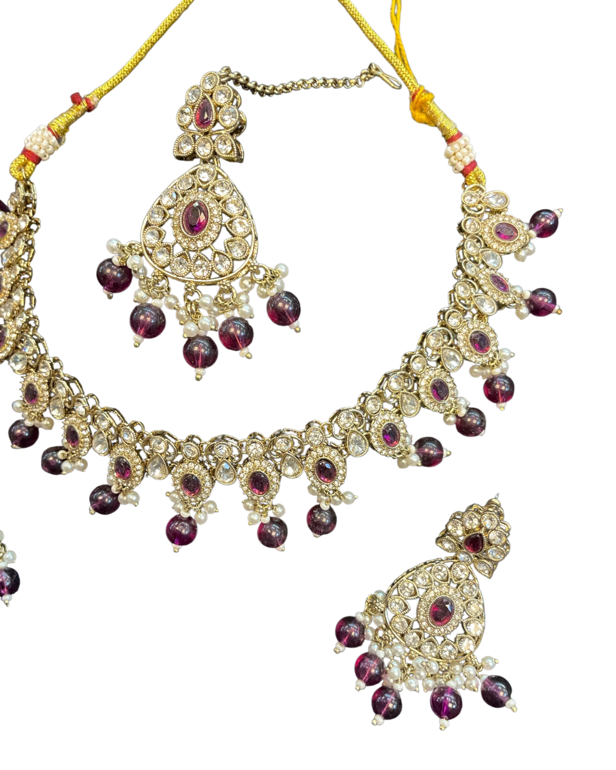 Purple - Large Size Antique Gold Finish Necklace Set with Earrings & Tika (Head Piece) - UK Stock - JIG86 08C25 - Prachy Creations