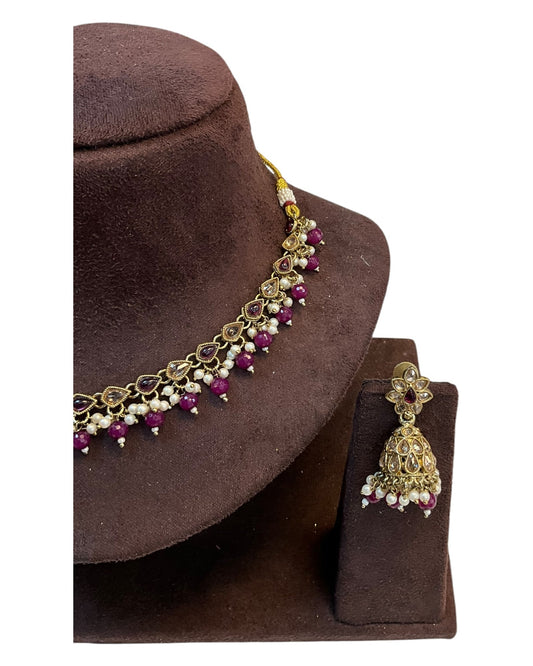 Purple - Medium Size Antique Gold Finish Necklace Set with Earrings - RAK375 Pp - Prachy Creations