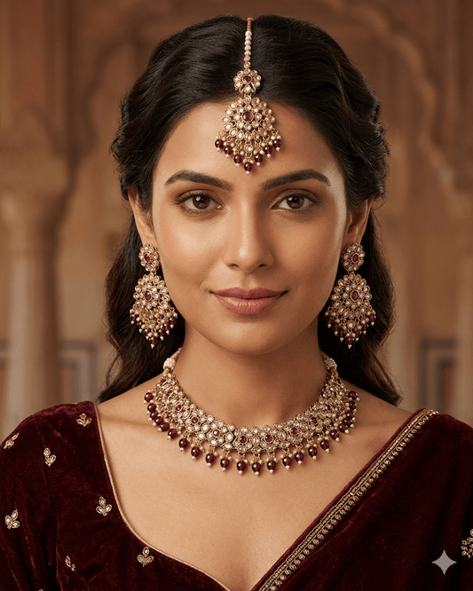 Purple / Plum - Large Size Antique Gold Finish Necklace Set with Earrings & Head Piece - JIG111 04Cp26 - Prachy Creations