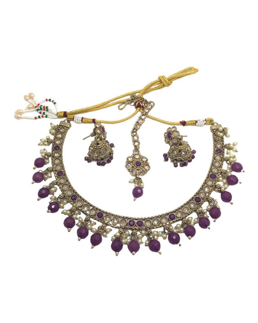 Purple - Reverse Stone Choker Necklace set - Weddings - NIR804 H 0923 - Prachy Creations