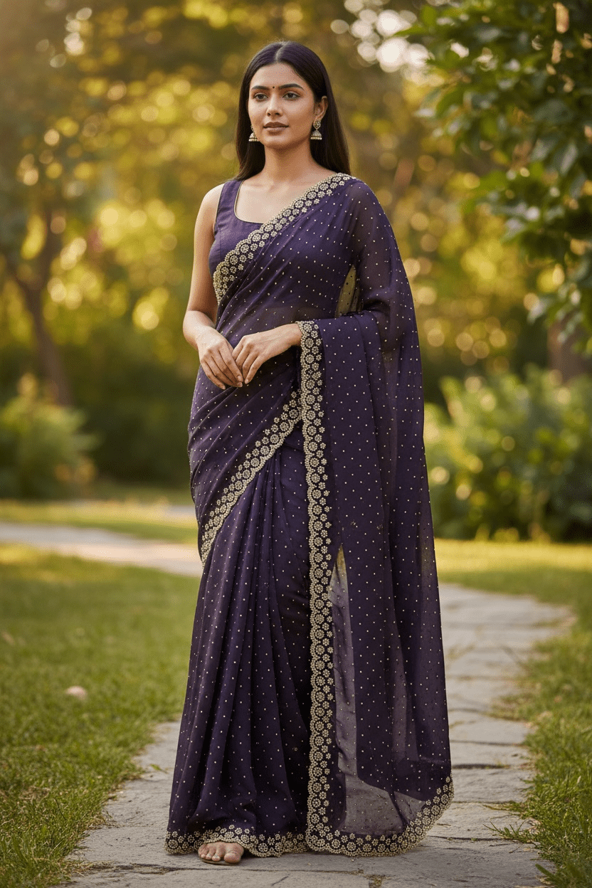 Purple - Rich Saree with Stone Work and Blouse Piece - UK stock - 24hr Dispatch - RS2514 VC - Prachy Creations