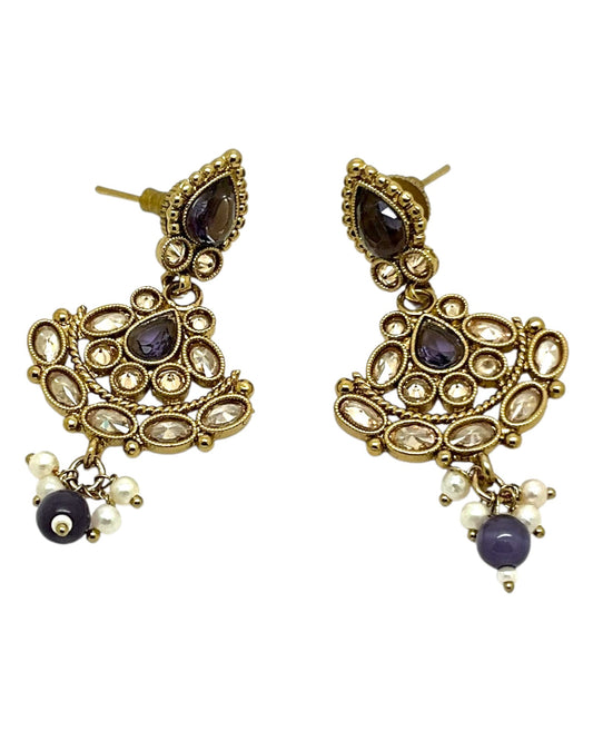 Purple - Small Size Antique Gold Finish Necklace Set with Earrings - Bollywood - AE2518 08A25 - Prachy Creations