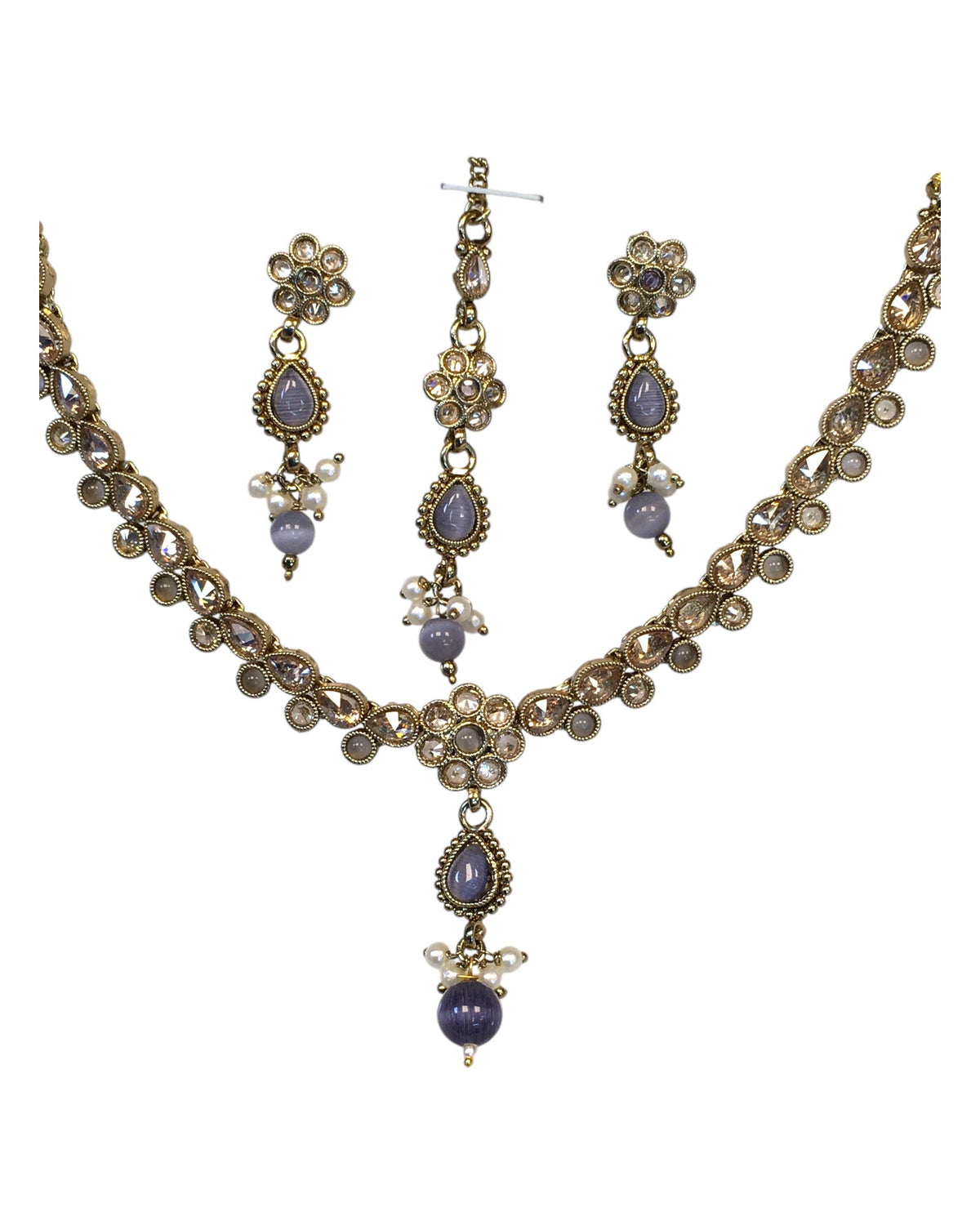 Purple - Small Size Antique Gold Finish Necklace Set with Earrings & Head Piece /Tika- SLV78 11Ap24 - Prachy Creations