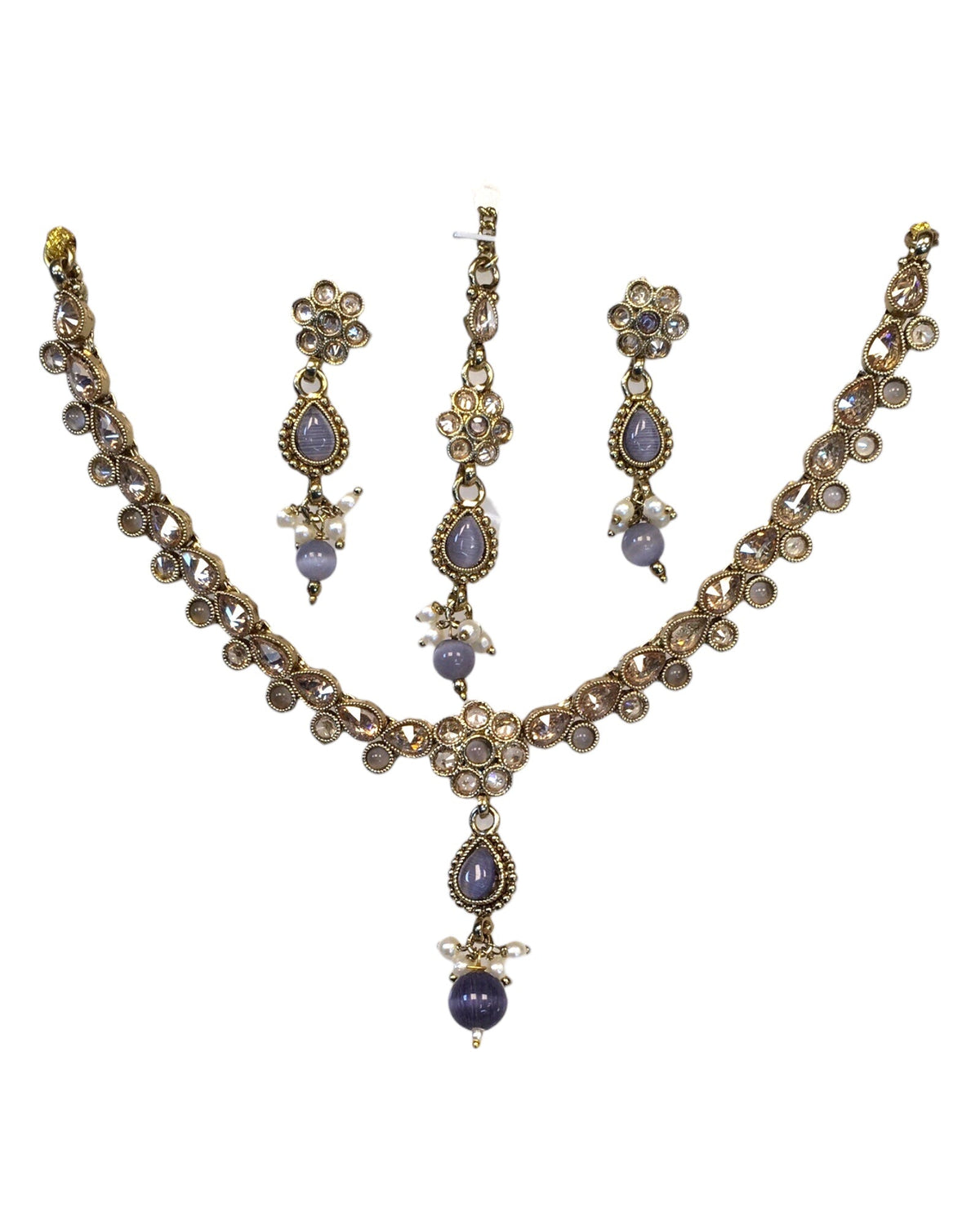 Purple - Small Size Antique Gold Finish Necklace Set with Earrings & Head Piece /Tika- SLV78 11Ap24 - Prachy Creations