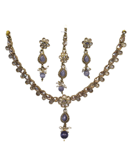Purple - Small Size Antique Gold Finish Necklace Set with Earrings & Head Piece /Tika- SLV78 11Ap24 - Prachy Creations