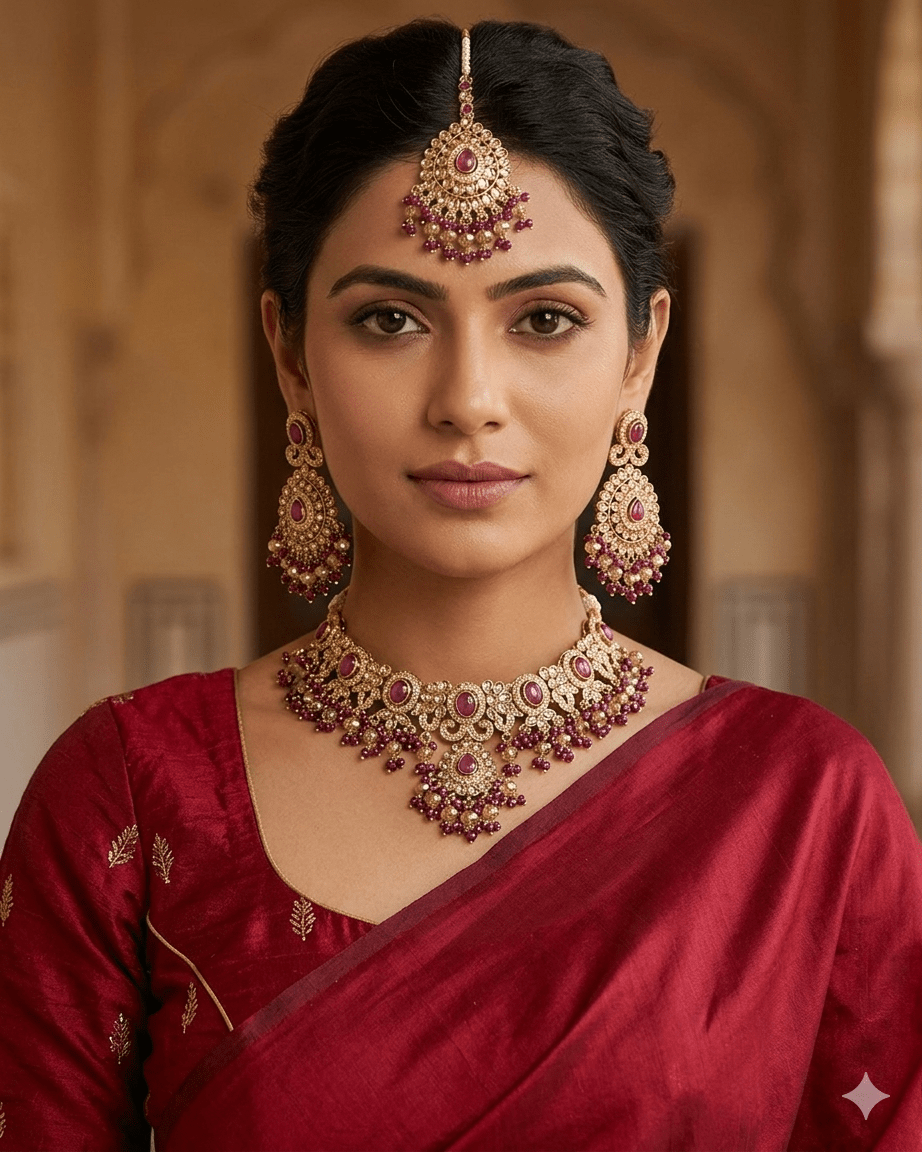 Purple / Wine - Large - Antique Gold Finish Necklace Set with Earrings & Head Piece - AE2512 08KV25 - Prachy Creations