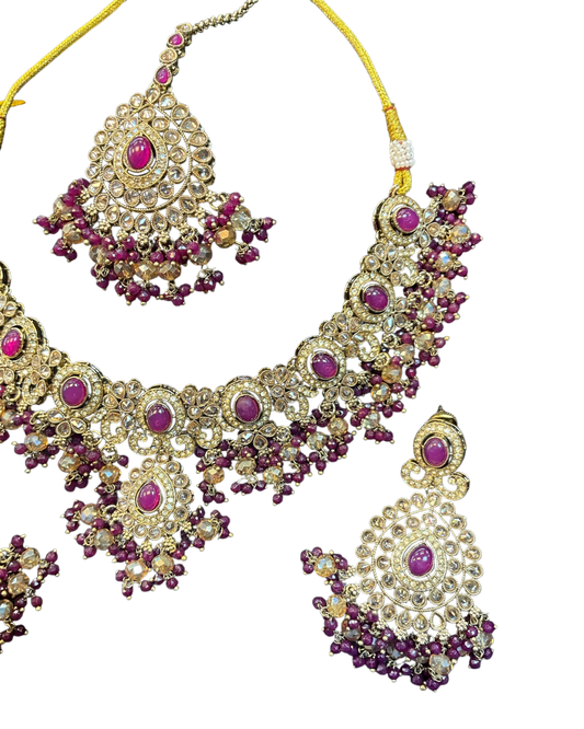 Purple / Wine - Large - Antique Gold Finish Necklace Set with Earrings & Head Piece - AE2512 08KV25 - Prachy Creations