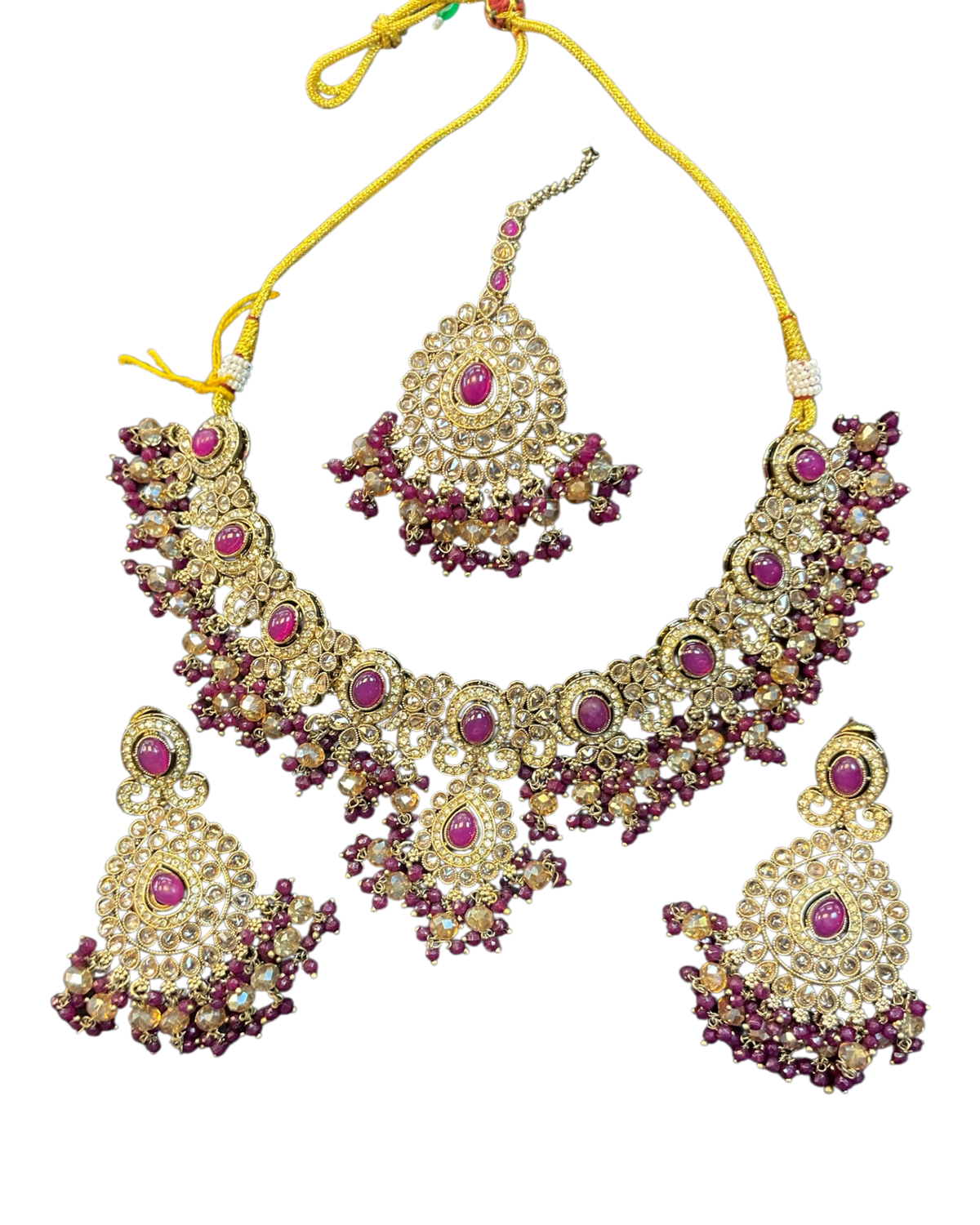 Purple / Wine - Large - Antique Gold Finish Necklace Set with Earrings & Head Piece - AE2512 08KV25 - Prachy Creations