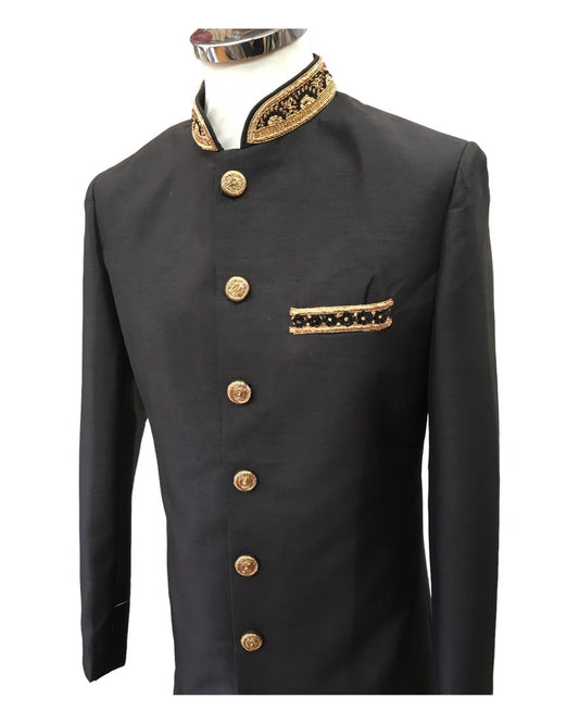 Raw Silky Black Sherwani with Hand Embroidery - YD2304 RV 0523 - Prachy Creations