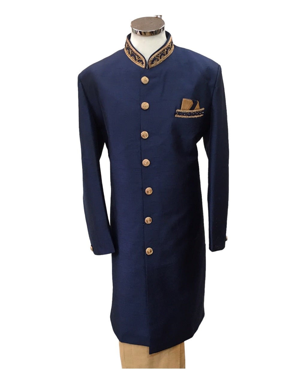 Raw Silky Navy Blue Sherwani with Hand Embroidery - YD2304 RV 0523 - Prachy Creations