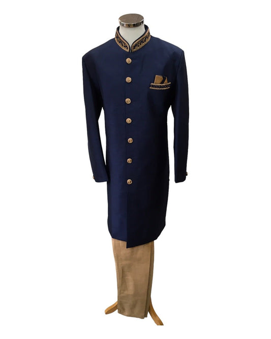 Raw Silky Navy Blue Sherwani with Hand Embroidery - YD2304 RV 0523 - Prachy Creations