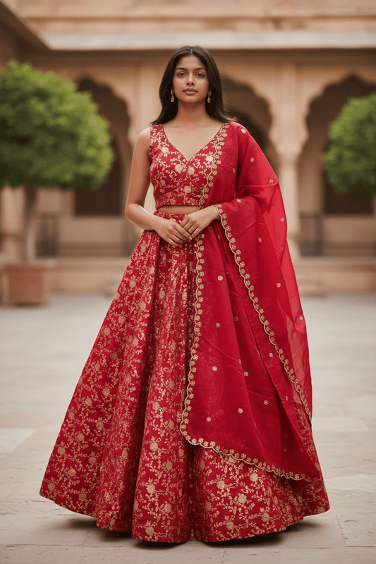 Red - Banarasi Brocade Silky Lehenga Set - Mehndi / Sangeet / Bridesmaids / Weddings / Garba - Size UK 12 (38" Bust) Adjustable to Size 14 - UK Stock - 24h Dispatch - AF2601 02VP26 - Prachy Creations