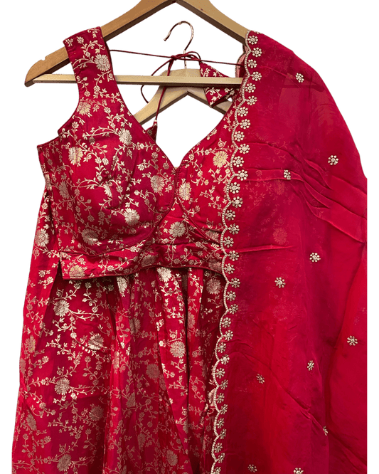 Red - Banarasi Brocade Silky Lehenga Set - Mehndi / Sangeet / Bridesmaids / Weddings / Garba - Size UK 12 (38" Bust) Adjustable to Size 14 - UK Stock - 24h Dispatch - AF2601 02VP26 - Prachy Creations