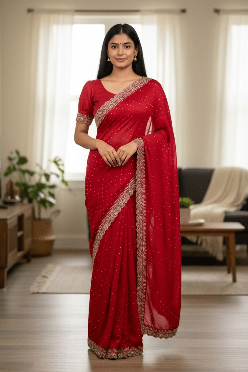 Red - Classic Satin Crepe Saree with Stone Work and Blouse Piece - UK stock - 24hr Dispatch - RS2533 VJ - Prachy Creations