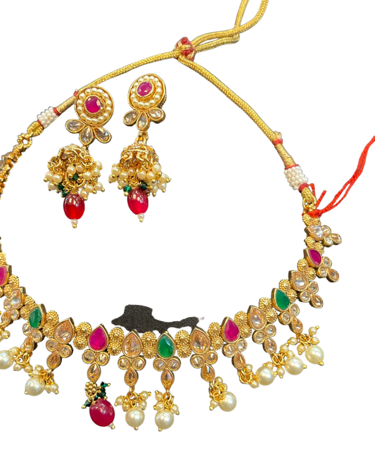 Red / Green - Medium Size Necklace Set with Earrings - SLV11KV 0822 - Prachy Creations