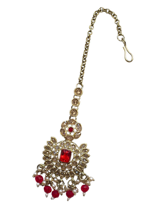 Red - Large - Antique Gold Finish Traditional Tika Head piece - Bollywood - Weddings - PRI1773 11V24 - Prachy Creations