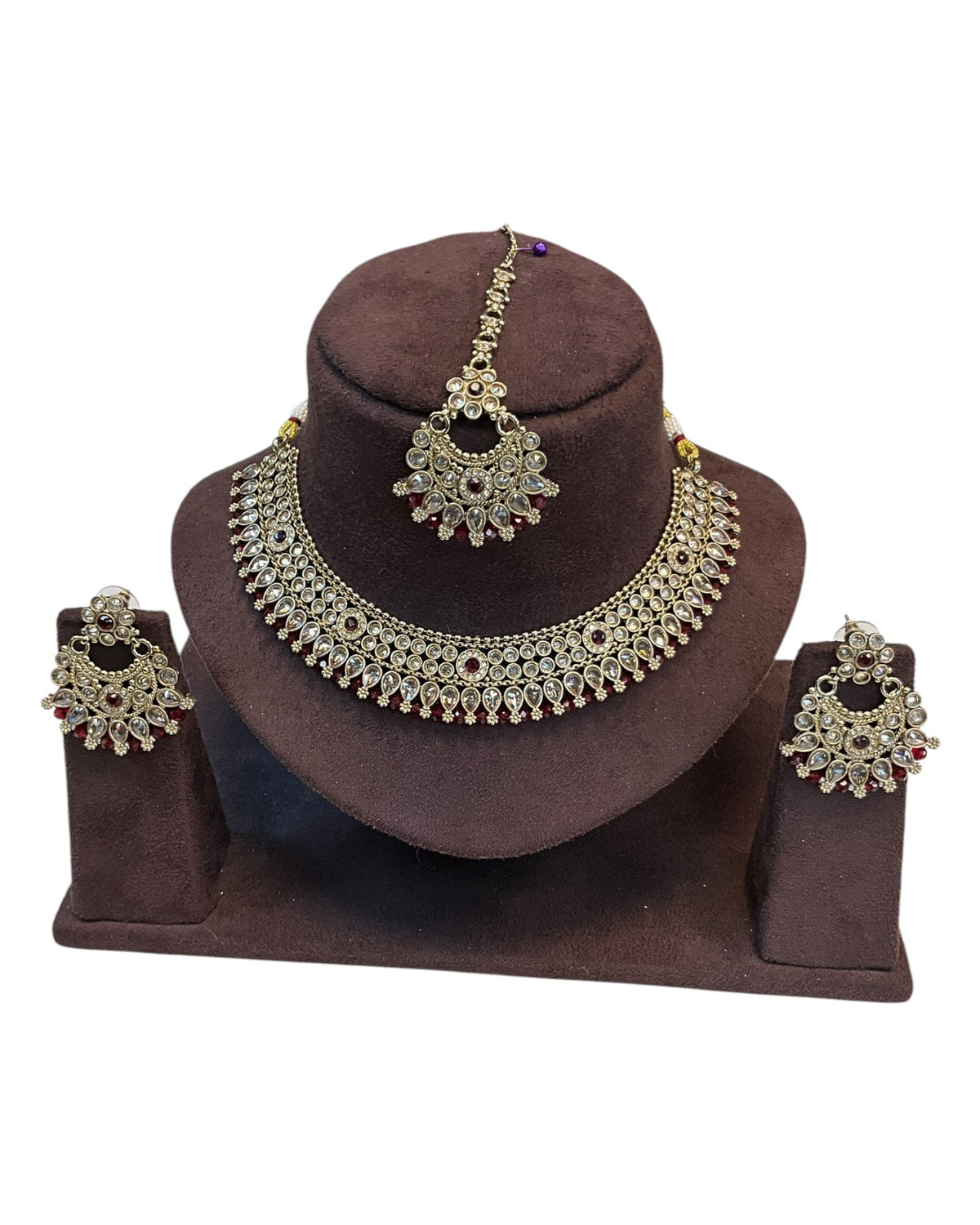 Red - Large Size Antique Gold Finish Necklace Set with Earrings - SJ01 KVp - Prachy Creations
