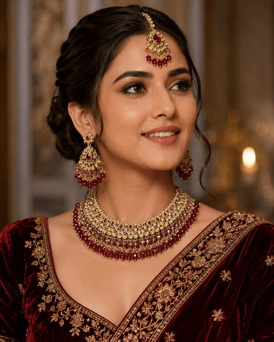 Red / Maroon - Large Size Antique Gold Finish Necklace Set with Earrings & Head Piece - JIG82 04KV26 - Prachy Creations