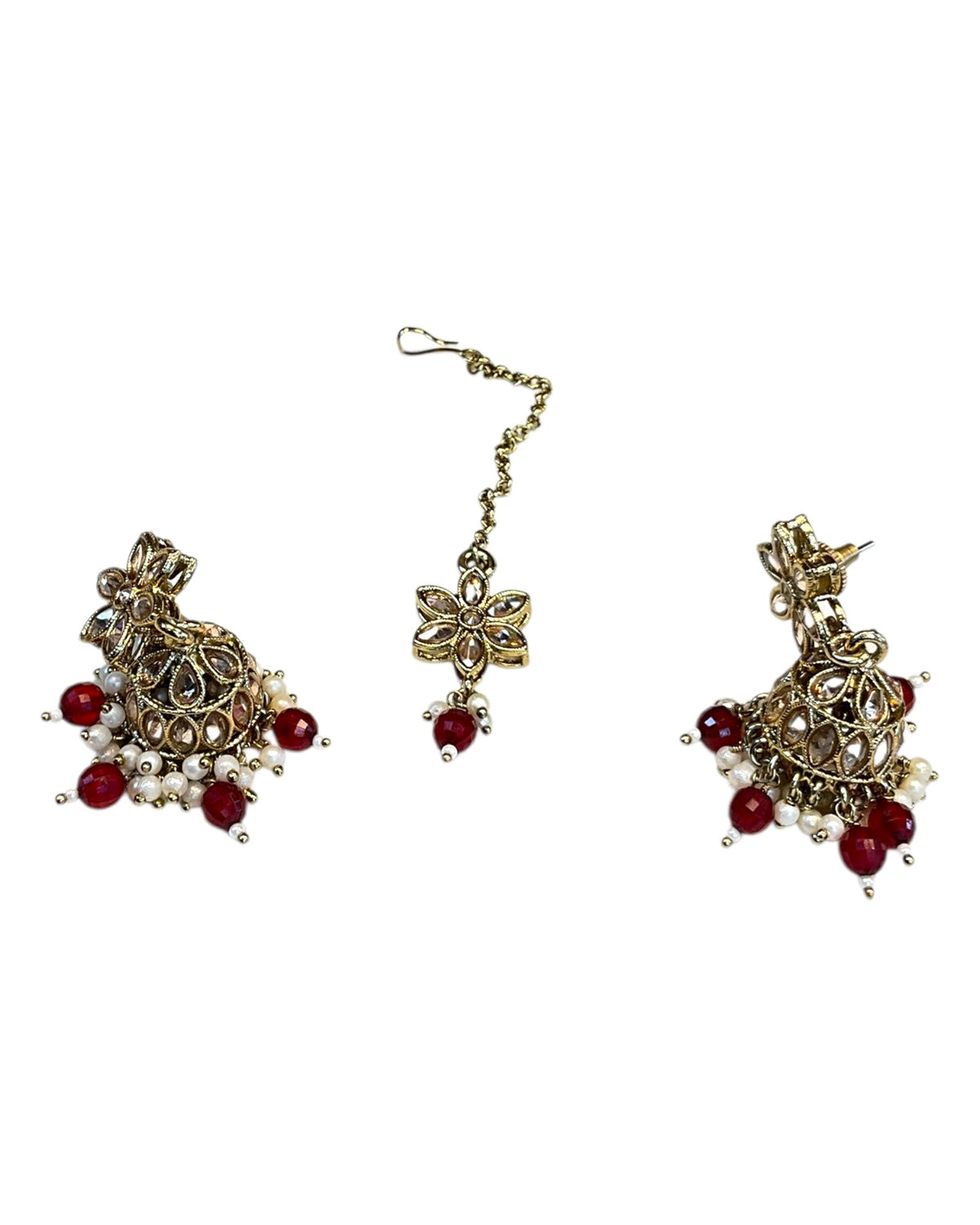 Red / Maroon - Medium Size Antique Gold Finish Long Necklace Set with Earrings - RAK411 H 0525 - Prachy Creations