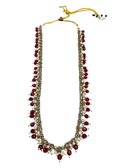 Red / Maroon - Medium Size Antique Gold Finish Long Necklace Set with Earrings - RAK411 H 0525 - Prachy Creations