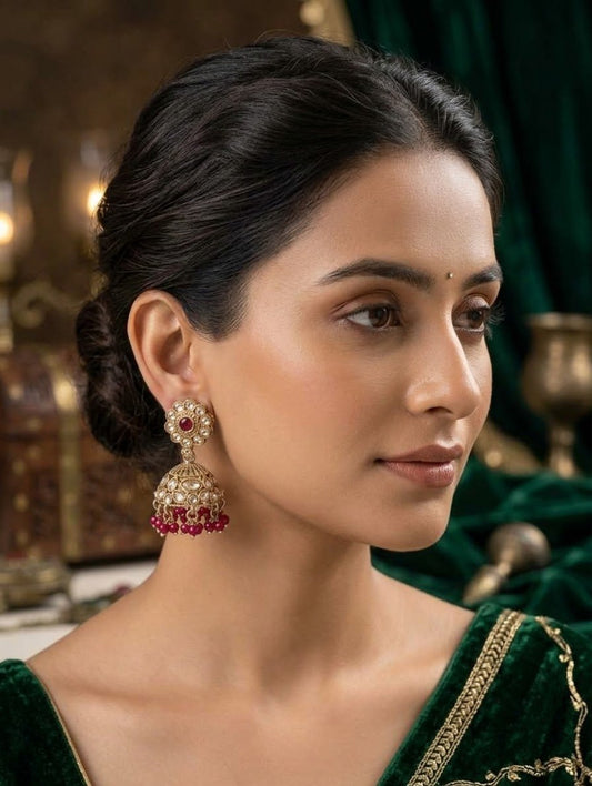 Red - Petite Floral Kundan & Pearl Jhumka Earrings - Prachy Creations