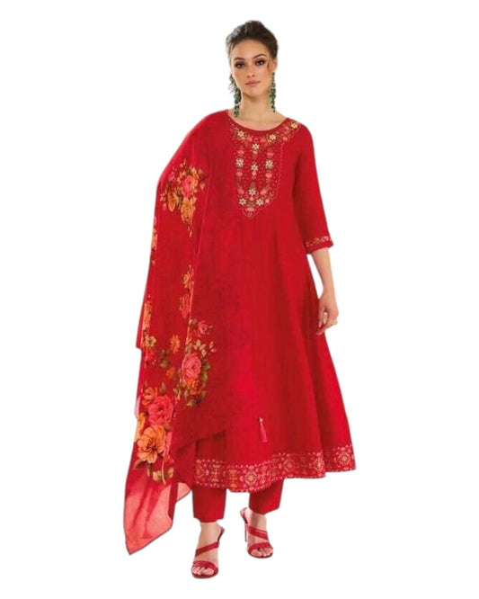 Red - Simple / Classy Ladies Indian Trousers Suit with Printed Dupatta - Size 12 (38") - LL22606 VV 1024 - Prachy Creations