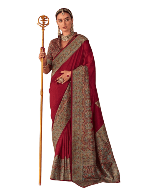 Red - Traditional Block Printed Dupion Silky Saree with Blouse Piece - UK Stock - 2/3 days Delivery 12KC25 K914 - Prachy Creations